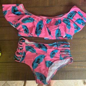 Pink Lily Pink Palm bikini with high waisted bottoms